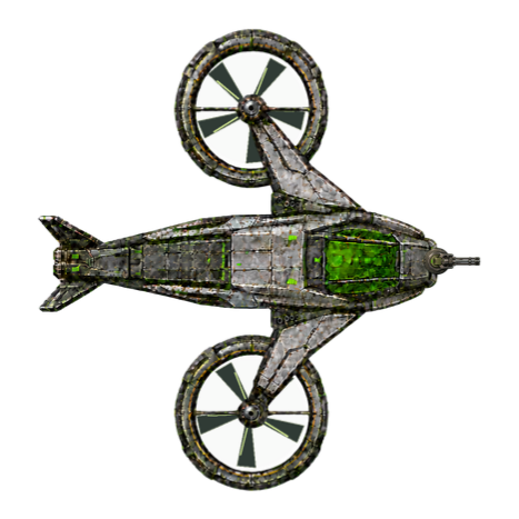 Complete Firehawk with its two powered ducted fans and mounted chin turret