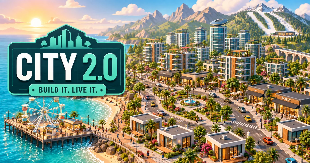 CITY 2.0 promotional artwork showing a coastal city, roads and neighborhoods