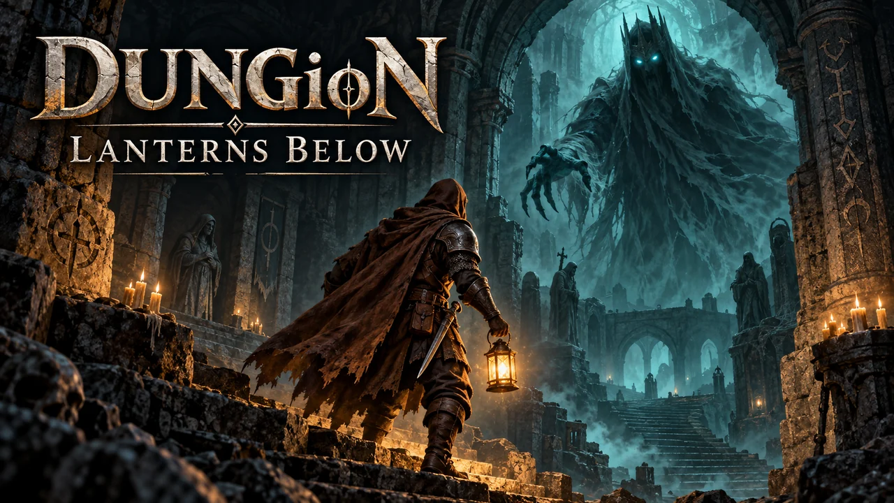 DUNGioN: Lanterns Below promotional artwork with a lantern-lit village and cavern